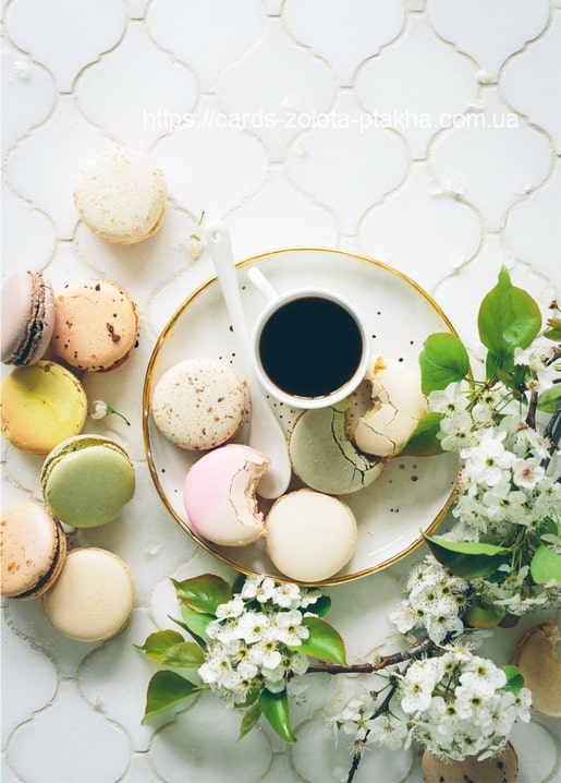 Pastel macarons and a cup of coffee beside white spring blossom