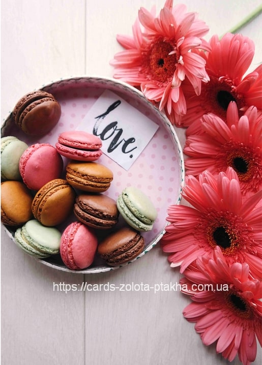 Schoko-, Himbeer- und Pistazien-Macarons mit einem „Love“-Zettel neben rosa Gerbera-Blüten.
