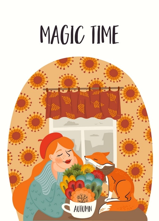 Жінка з лисицею в шарфі біля кухля з осіннім букетом, напис «Magic Time»