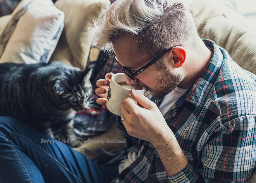 Mann mit Brille trinkt Kaffee, daneben eine getigerte Katze auf dem Sofa