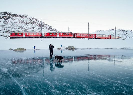 Man walking a brown dog across a cracked frozen lake with a red mountain train behind them