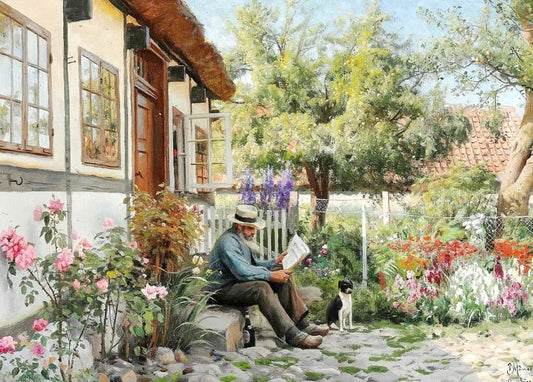 Peder Mønsted painting of a man reading on a cottage step beside a terrier and pink roses