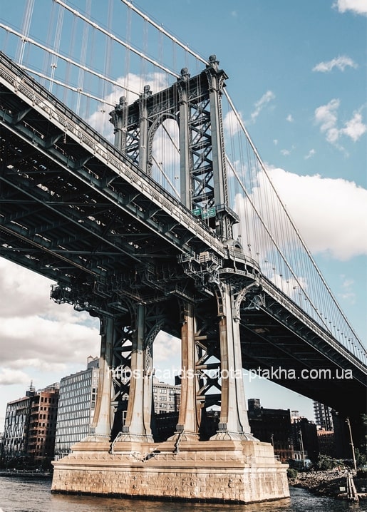 Stahlkonstruktion und steinerne Kolonnade der Manhattan Bridge von unten in New York