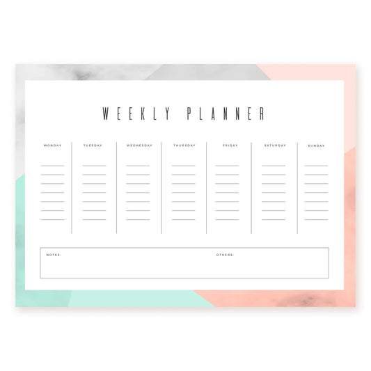 Minimalist weekly planner with marble-effect corners in grey, mint, and coral