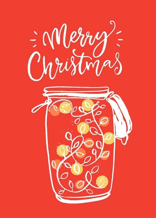 Line-art mason jar glowing with fairy lights and leafy vines on a red background