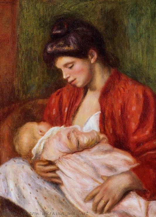 Renoir's Maternité, mother in a red robe nursing her sleeping child