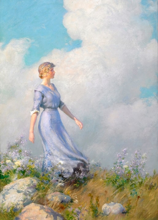 Charles Courtney Curran painting of a woman in pale blue crossing a hilltop meadow beneath billowing white clouds