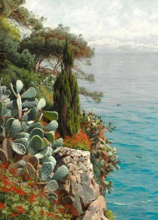 Gemälde von Peder Mønsted: Steilküste auf Capri mit Zypressen, Kakteen und türkisfarbenem Meer