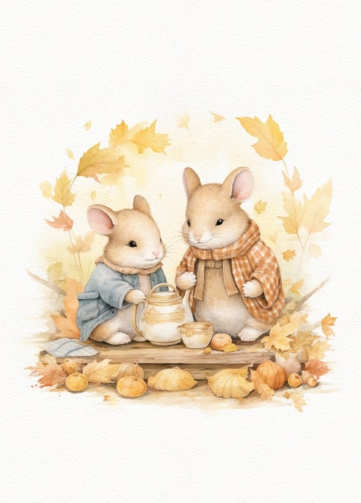 Watercolor illustration of two mice sharing tea beside pumpkins and autumn leaves