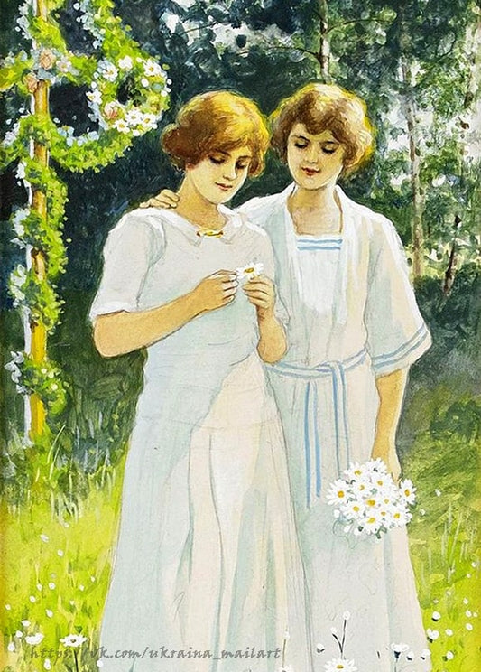 Watercolor postcard of two women in white embracing with daisies by a flower-decked Midsummer maypole, Jenny Nyström