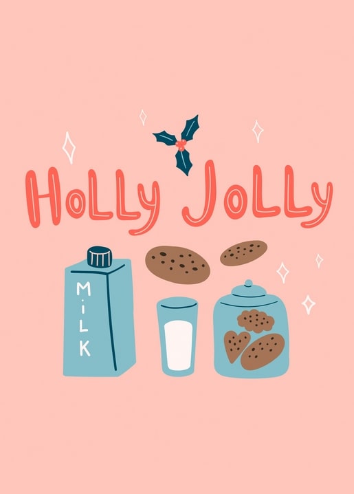 Milk carton, glass of milk and a jar of cookies with a holly sprig on pink
