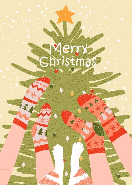 Hands in mittens and bare feet reaching up toward a Christmas tree with fairy lights and a star