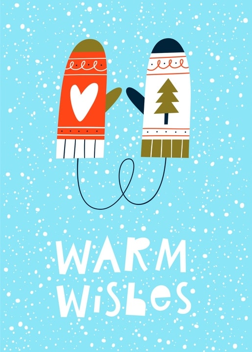 Two connected knitted mittens, one with a heart, one with a pine tree, beside a Warm Wishes greeting.
