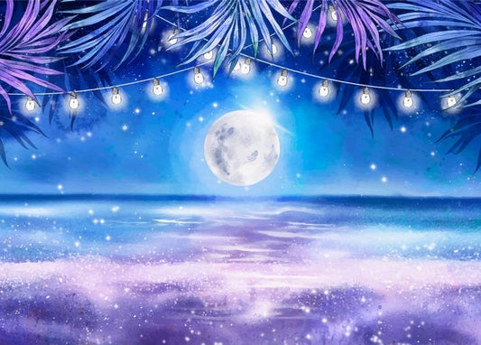 Illustrated postcard of a full moon over a night sea, framed by palm leaves strung with fairy lights.