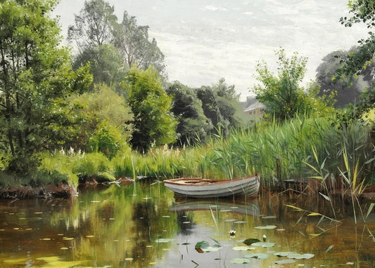 White rowboat moored among reeds on a still, mirror-flat lake