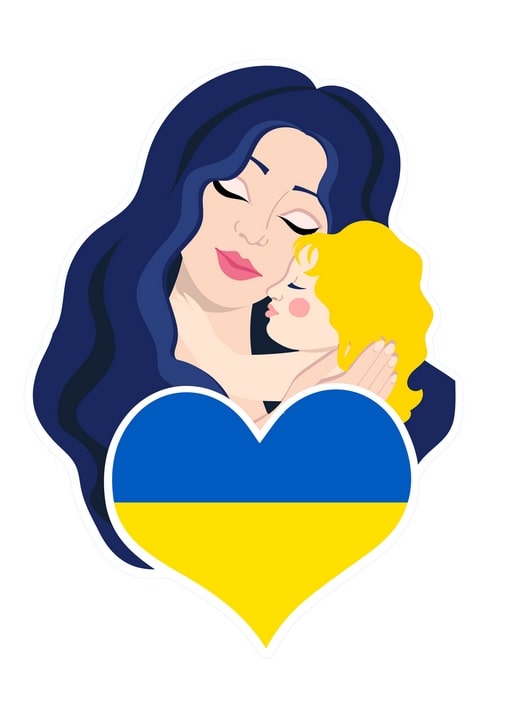 Illustration einer Mutter, die ihr Kind umarmt, ihre Profile formen ein blau-gelbes Herz.