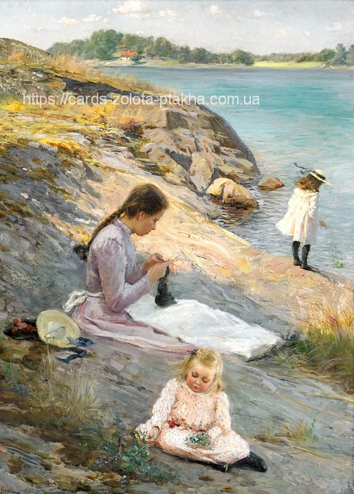 Gemälde von Fanny Brate: Mutter näht, zwei Kinder spielen auf Küstenfelsen am Meer