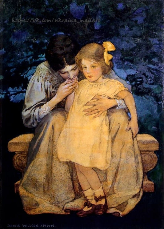 Illustration einer Mutter, die zärtlich die Hand ihrer Tochter auf einer Gartenbank küsst, von Jessie Willcox Smith