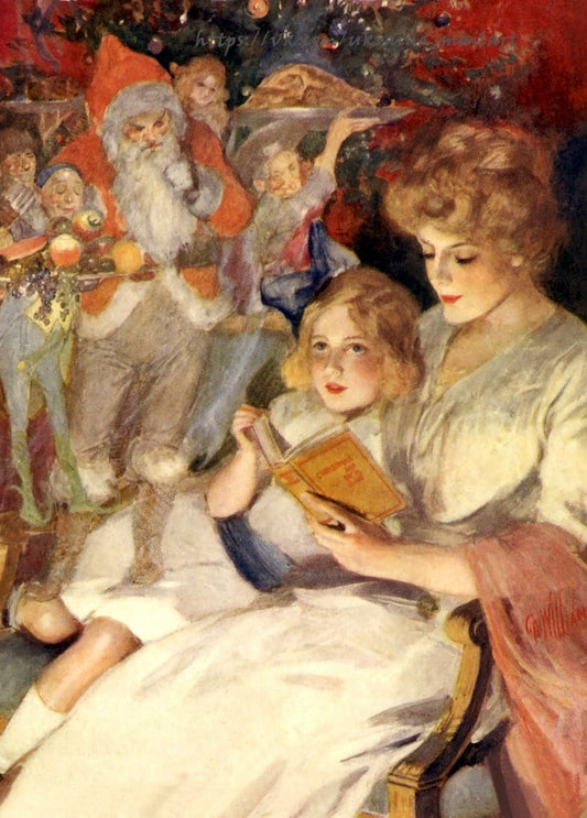 Вінтажна листівка: мама читає книжку доньці біля ялинки, на тлі Дід Мороз