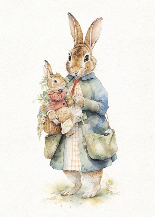 Watercolor illustration of a mother rabbit in a blue coat carrying a baby bunny in a flower-filled basket
