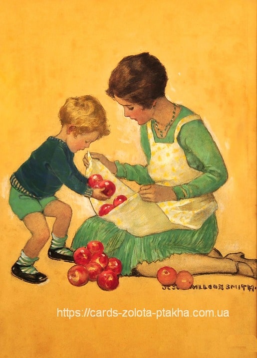 Vintage-Illustration von Jessie Willcox Smith: Mutter und Sohn sortieren Äpfel