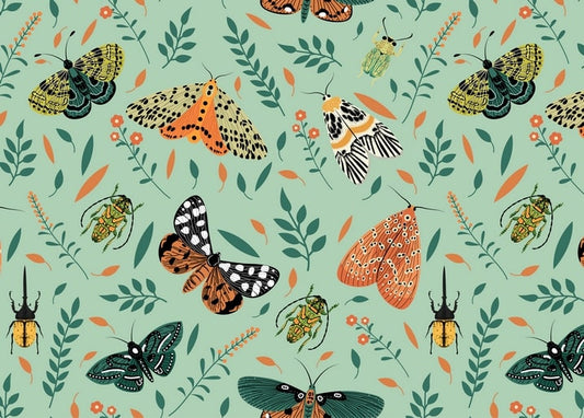 Illustrated pattern of moths, butterflies, and beetles among leaves on a mint-green background