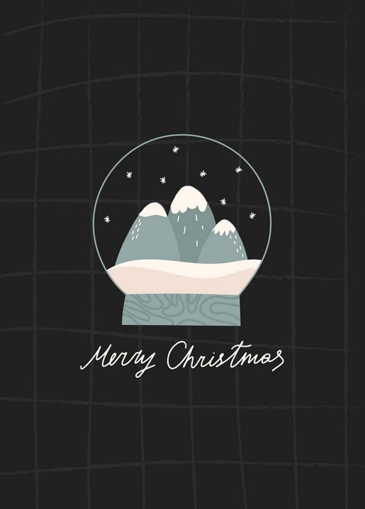 Minimalist illustration of a snow globe with mountains on a dark plaid background