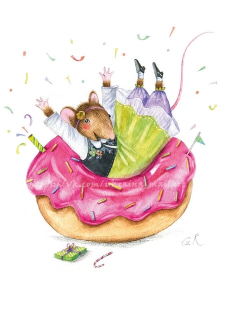 Mouse dressed for a birthday party popping out of a giant pink-frosted donut with a candle and confetti