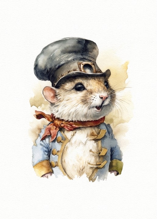 Watercolor portrait of a mouse in a dark captain's cap and red neckerchief