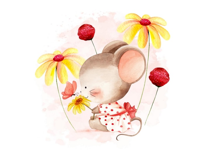 Watercolor mouse in polka-dot dress holding a daisy among poppies with a butterfly