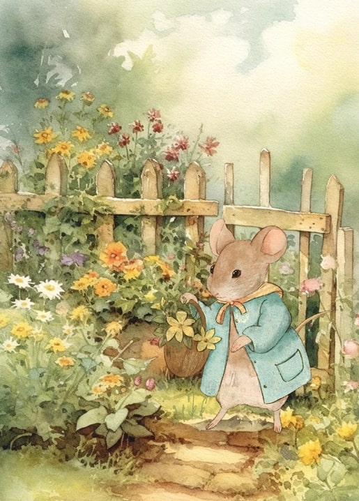 Watercolor postcard of a mouse in a blue coat carrying flowers at a garden gate
