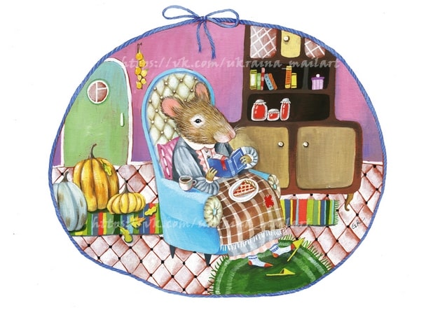 Illustrated mouse reading in a blue armchair with tea, pie, and autumn pumpkins nearby
