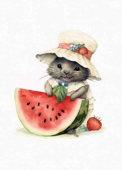 Watercolor mouse in a strawberry-trimmed sun hat holding a watermelon slice