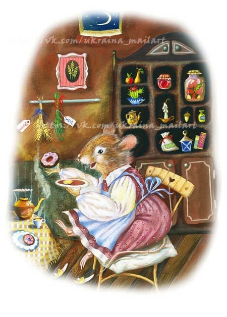 Illustration einer Maus im rosa Kleid, die abends in der Küche Tee mit Donut genießt