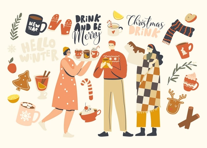 Friends drinking mulled wine and cocoa, surrounded by winter treats and mittens
