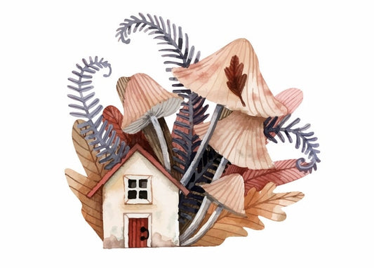 Watercolor cottage with red roof tucked beneath tall toadstool mushrooms and curling ferns
