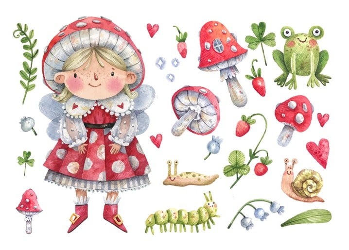 Watercolor fairy girl in a red mushroom-cap hood among toadstools, frog, snail and caterpillar