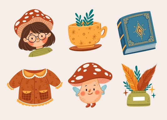 Illustrierte Postkarte mit Pilzhut-Mädchen, Fliegenpilz-Fee, Teetasse und Märchenbuch