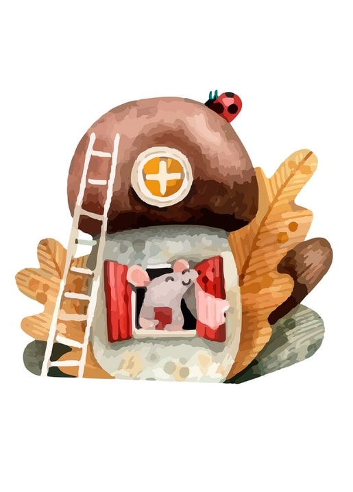 Watercolor mushroom house with a ladybug on the roof and a mouse in the window