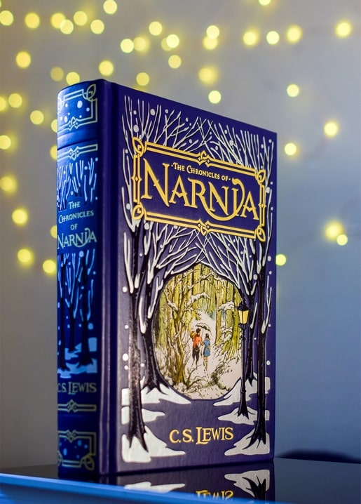 Buch Die Chroniken von Narnia vor unscharfem warmem Lichterschein