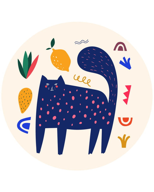 Navy blue spotted cat illustration with lemon and succulent, round paint-by-numbers size L