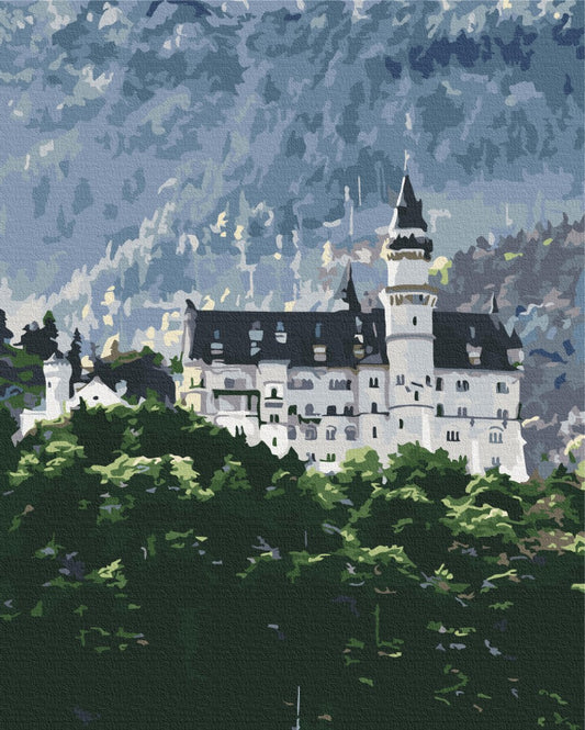 Paint-by-number kit depicting Neuschwanstein Castle's towers rising through mist above a forest