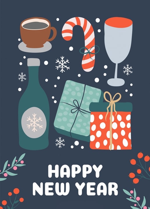 Illustration mit Kaffee, Zuckerstange, Sekt und Geschenken vor dunkelblauem Hintergrund
