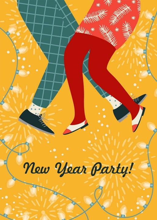 Close-up of two people's legs dancing over a yellow background with string lights, reading 'New Year Party!'