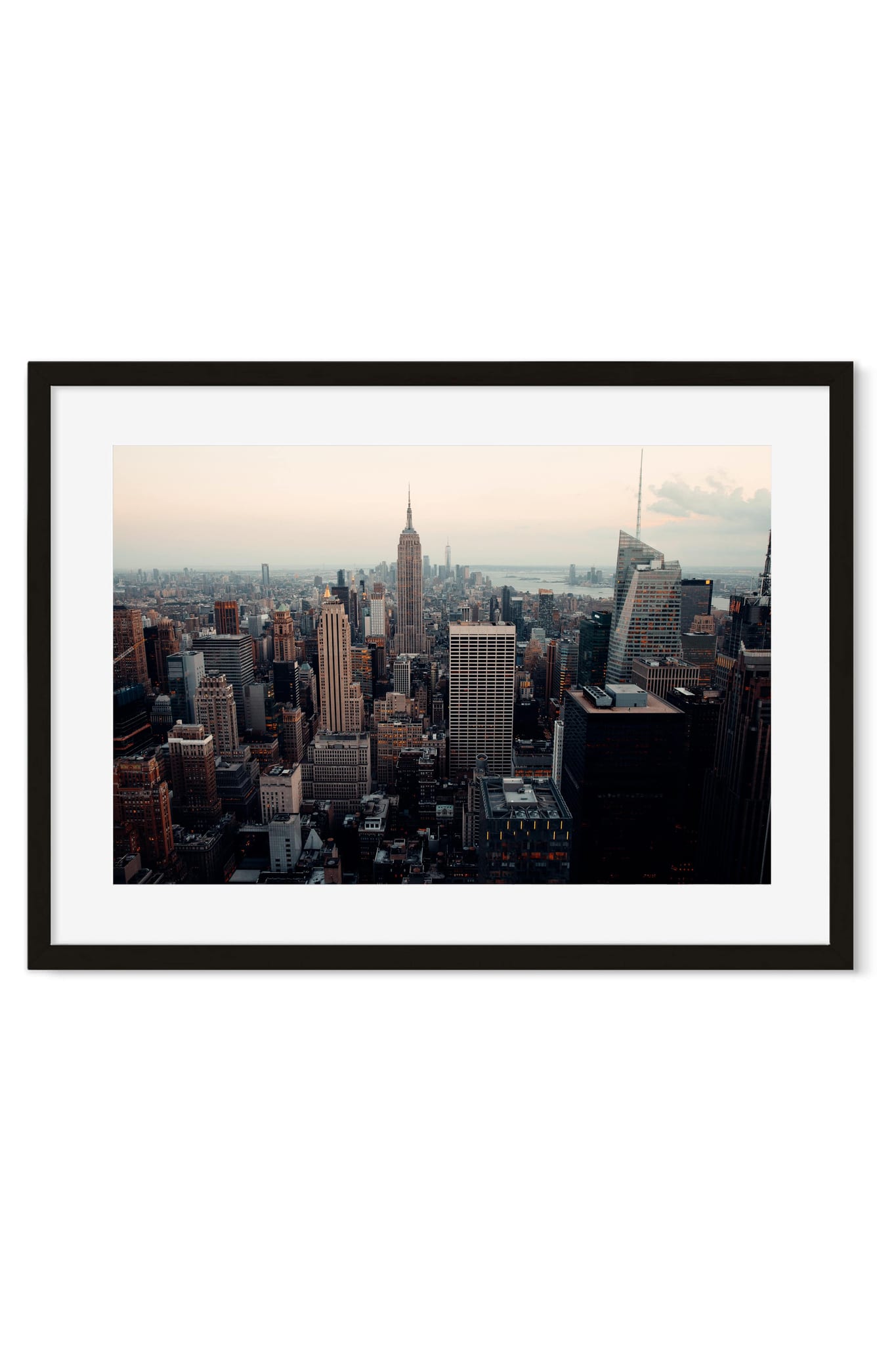 Aerial view poster of the Manhattan skyline at dusk with the Empire State Building