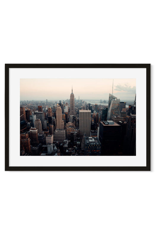 Aerial view poster of the Manhattan skyline at dusk with the Empire State Building