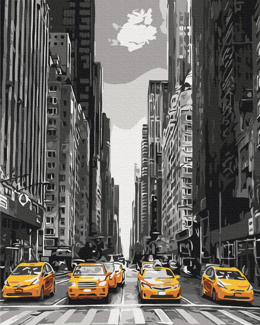 Painting-by-numbers scene of yellow taxis on a black-and-white Manhattan street