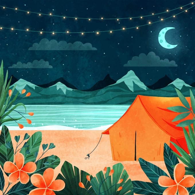 Illustrated night beach campsite with orange tent, string lights and crescent moon over the sea