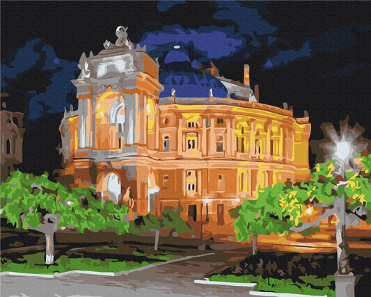 Beleuchtetes Theater mit Kuppel und Kolonnaden bei Nacht, Malen-nach-Zahlen-Motiv