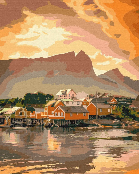 Painting of a Norwegian fjord village with orange stilt houses under a fiery sunset sky